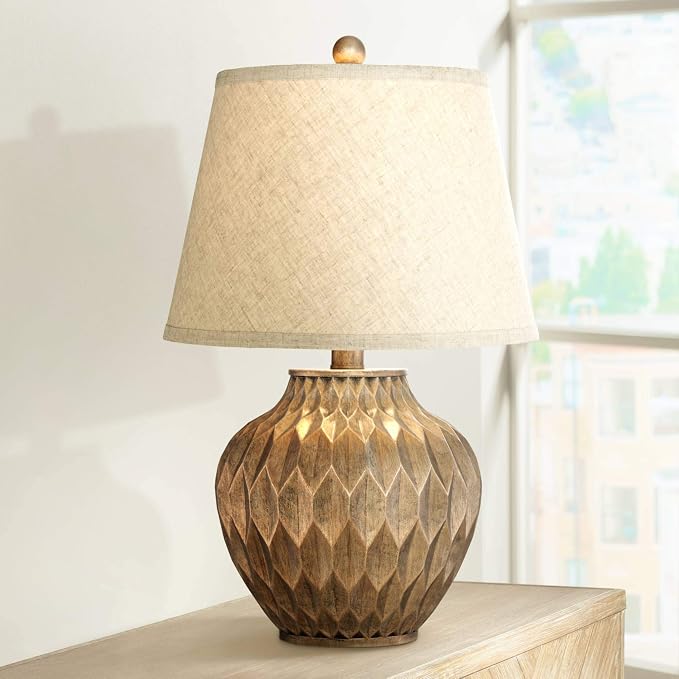 Buckhead Warm Bronze Brown 22" High Table Lamps Set of 2 Geometric | Small Urn Traditional Living Room Bedroom House Bedside Nightstand Home Office Family Tapered Drum Shade