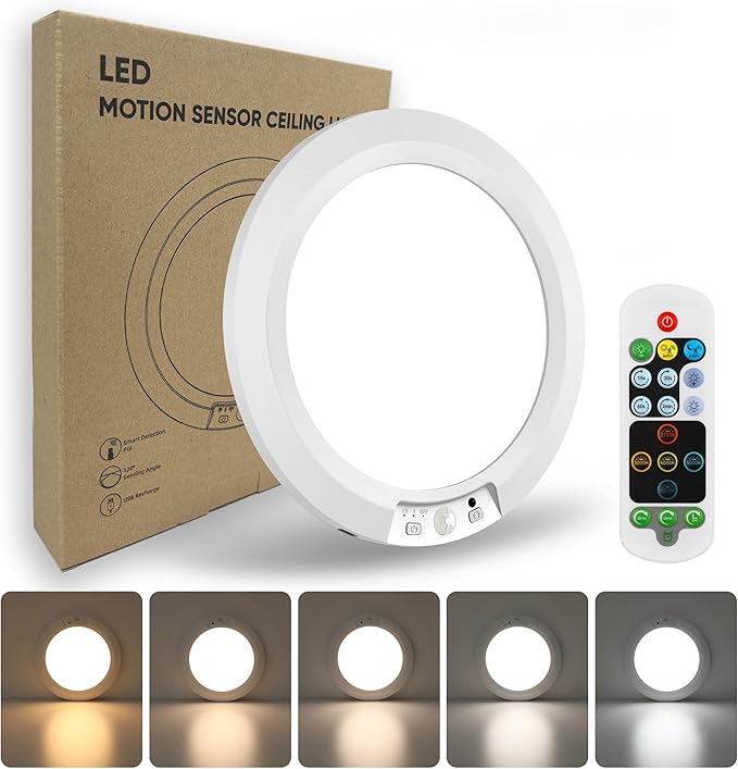 Wireless Motion Sensor Ceiling Light, 7.5" Ultra-Thin 8000mAh Rechargeable, 450 Lumen, 5 Color Temps, Dimmable with Timer & Remote, Magnetic Stick-On Mount for Closet, Hallway, Pantry, 1-Pack