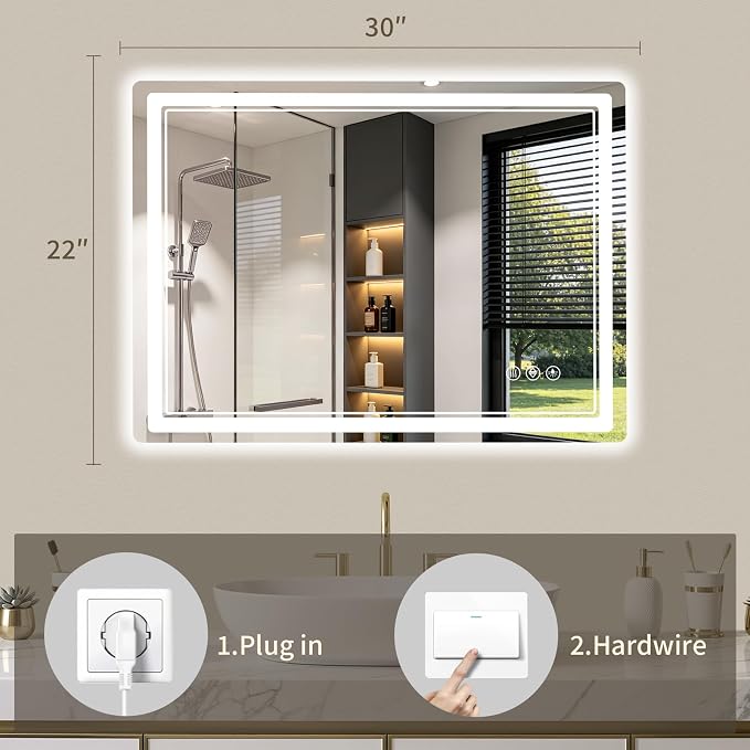 22"x30" LED Bathroom Mirror with Lights, Backlit + Front Lit, Anti-Fog, Lighted Bathroom Mirror for Wall, HD Shatterproof Tempered Glass, Dimmable, Memory Function (Horizontal/Vertical)