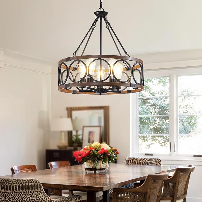 20.5'' Farmhouse Chandelier, 5-Light Walnut Wood Grain Dining Room Light Fixture Over Table, Rustic Industrial Drum Hanging Pendant Lights Fixture for Kitchen Island Bedroom Hallway Foyer Entryway