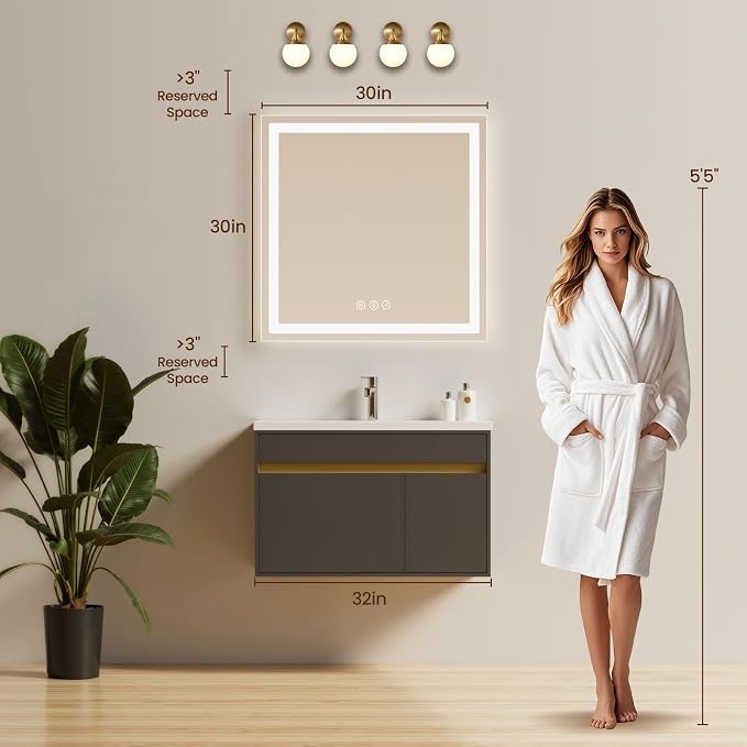 30x30 LED Bathroom Mirror with Anti-Fog, Backlit & Front Lit, Memory | Stepless Dimmable 3 Color CRI 95+ Shatterproof Tempered Glass ETL Listed for Safety Lighted Bathroom Vanity Mirror for Wall
