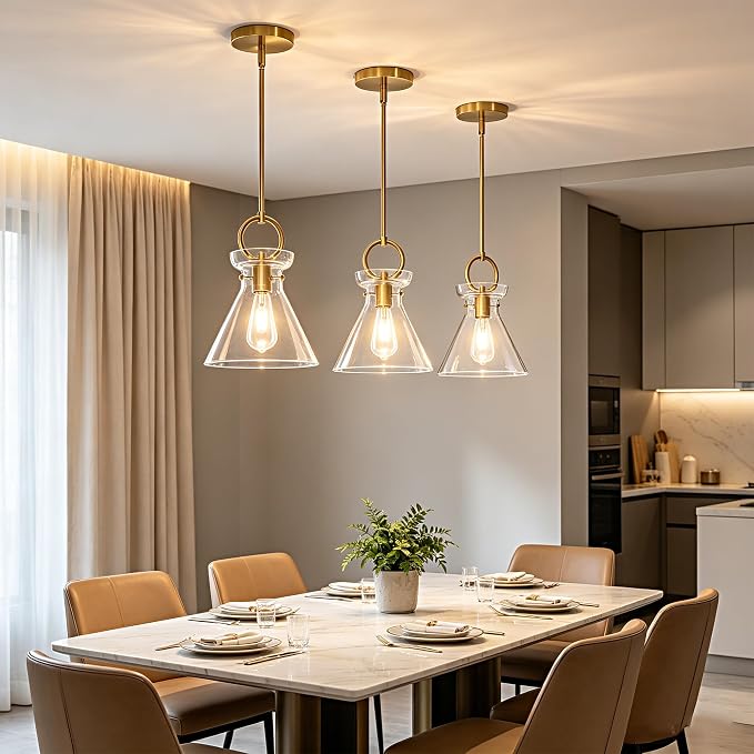 Gold Pendant Lights Kitchen Island 9.84'' Clear Glass Shade | Modern Pendant Lighting Over Sink, Adjustable Hanging Ceiling Light, E26 Dimmable for Dining Room, 1-Pack
