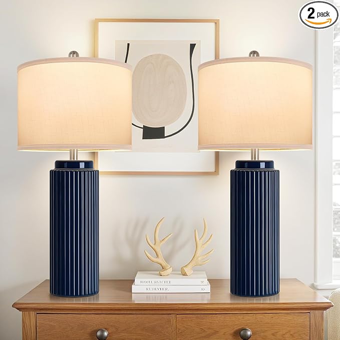 28" Dark Blue Ceramic Table Lamps Set of 2, Modern Nightstand Lamp | Bedside Table Lamps with White Linen Shade, Larger size, Farmhouse Home Decor for Living Room Bedroom Office End Table Dorm
