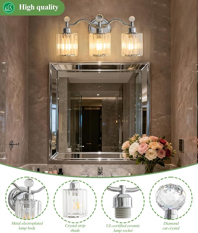 Bathroom Light Fixtures, 3-Light Vanity Light Over Mirror, Polished Chrome Wall Sconces with Clear Crystal Shades, Wall Lamp for Living Room Bedroom, E26 Base(Bulbs Not Included)