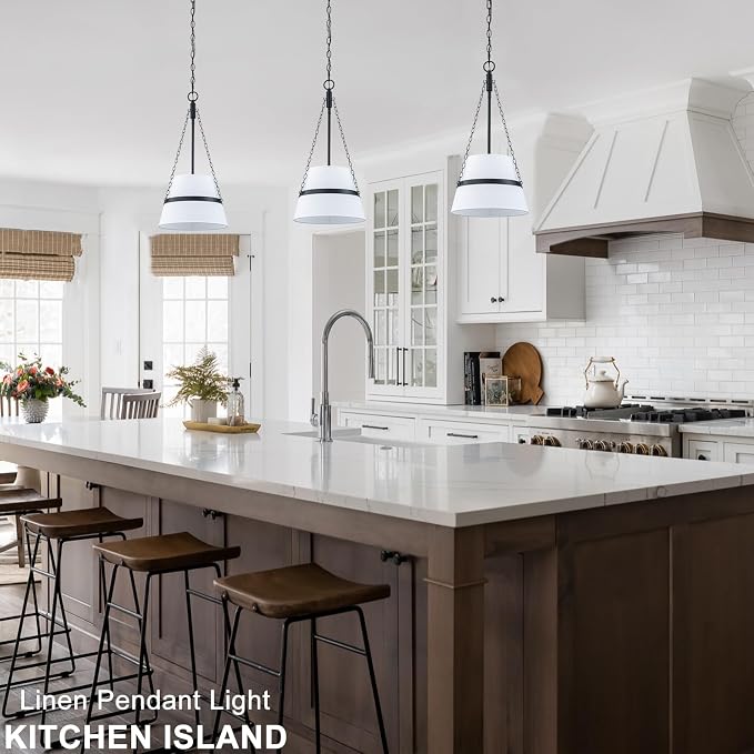 11.4" Black Drum Pendant Light for Kitchen Island, White Linen Fabric Shade | Modern Transitional, Cone Shape, 3 Side Chains, 1-Light, Breakfast Nook, Reading Corner, Adjustable Height 11.42"W x 23.82"H