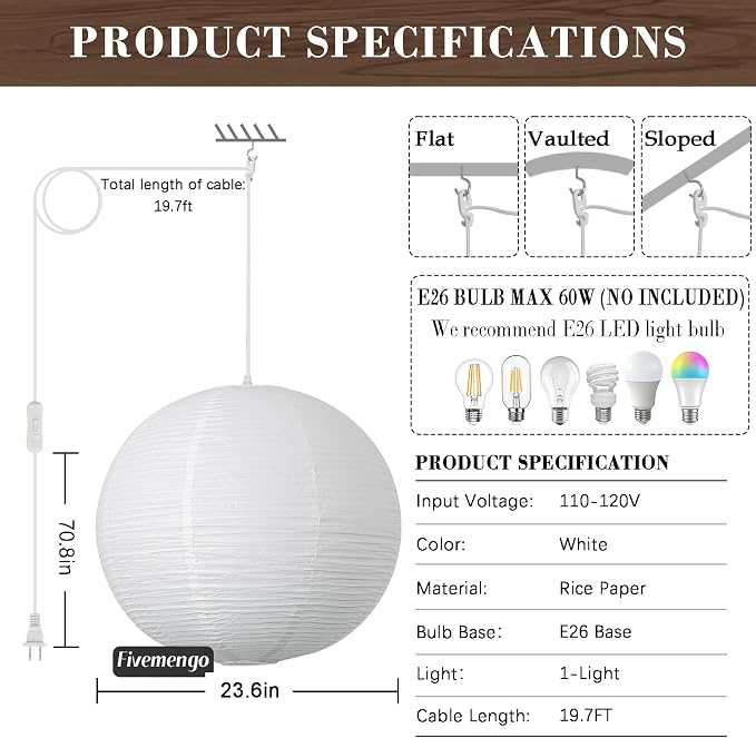 23.6in Paper Lanterns Plug in Hanging Lamp White, 19.7FT Cord | Rice Paper Lamp Lantern Pendant Light Large Globe Japanese Japandi Wabi Sabi Chandelier for Dining Living Room Bedroom 2 Pack