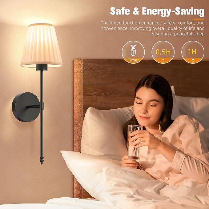 19.9 inch Battery Operated Wall Sconce Set of 2,Beige Black Rechargeable Wall Lights with 5200mAh Dimmable Bulbs and Remote,9 Colors Wireless Wall Lamps for Bedroom Living Room Decor