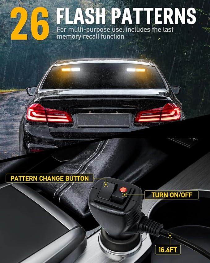 HLauto 1002L Emergency Strobe Traffic Advisor Light Bar: 40 LED Dash Safety Warning Flashing Light, Front/Rear Windshield Visor for Construction Vehicle, Tow/Plow Truck (2x10.7inch, Amber White)