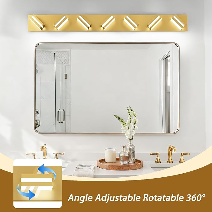 IZORRO LED Modern Bathroom Lights Fixtures(7-Light,Dimmable,360°Rotate),Brushed Glod Acrylic Wall Lighting,Vanity Lights for Bathroom Over Mirror - 6000k 40In （No Assembly Required）