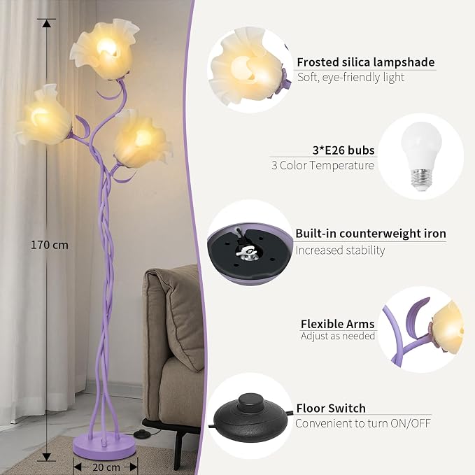 Flower Floor Lamp for Living Room, Tall Cute Reading Lamp with Flexible Neck Shaft for Bedroom Decor, Modern Corner Floor Lamps with 3-Color Temperatures LED Bulb (Purple)