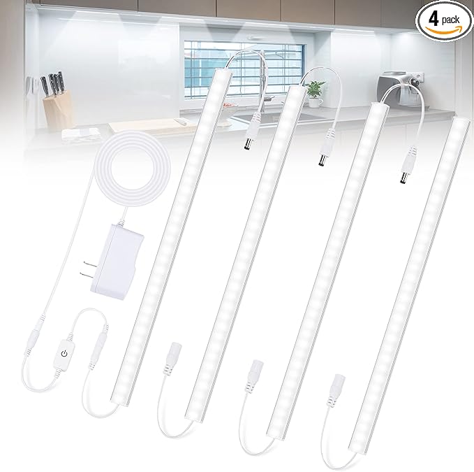 Under Cabinet Lights Plug-in Cold White 6000K, Dimmable LED Under Cabinet Lighting, 4pcs 12 Inch Under Counter Lights for Kitchen with Memory Function, LED Light Bar for Closet, Pantry, Workbench