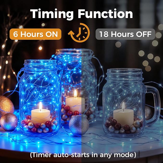litogo 6 Pack Blue Fairy Lights Battery Operated with Timer, 20 LED 3 Modes Twinkle Light, 7ft Waterproof Silver Wire Mini Small Bulk Mason Jar String Light, Decor for Wedding Party Christmas