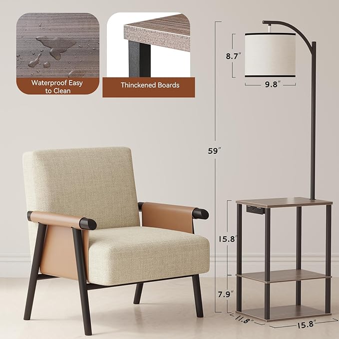 SUNMORY Floor Lamp with Table Shelves, End Side Table for Living Room | USB & AC Charging Stations, 3 Color Temperature 9W LED Bulb, Adjustable Shade, Modern Nightstand Lamps for Bedroom Office