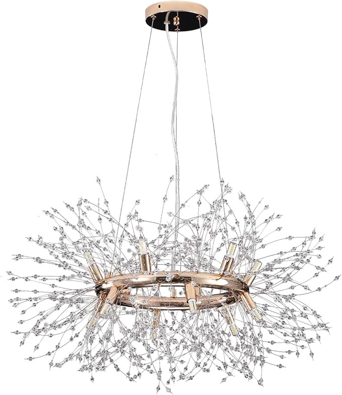 Dandelion Chandelier, 12-Light Gold Firework Crystal Chandelier, Round Dining Room Light Fixture Hanging Light for Entryway Foyer (Bulb Included)