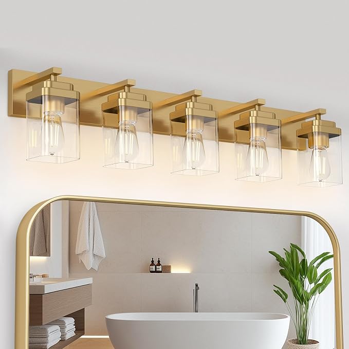 Brushed Gold Bathroom Light Fixtures, 5 Lights Bathroom Lighting Fixtures Over Mirror, Square Design & Rectangle Large Backplate, Modern Vanity Lighting Fixtures, for Living Room/Bedroom