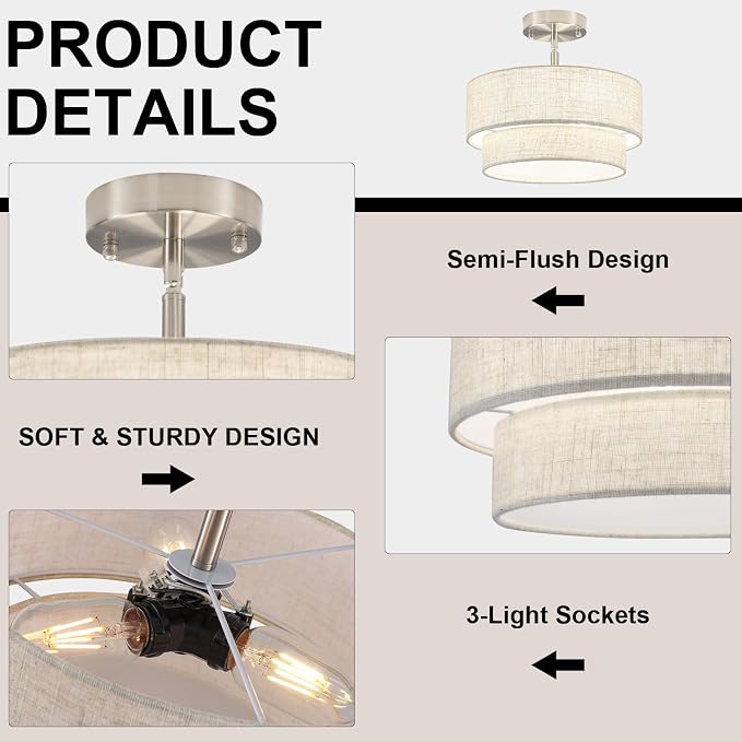 Semi Flush Mount Ceiling Light - 12.6in Diameter, Fits Flat & Sloped Ceilings, 3-Light E26, Dimable 3-Color Temp, ETL Listed, Modern Farmhouse Lighting for Entryway, Hallway, Kitchen