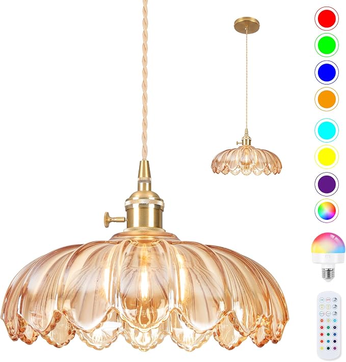 Battery Operated Pendant Light,Vintage Light Fixtures 2500mAh 9.8in RGB Light Bulb with Remote Control Wireless Adjustable Rechargeable Chandelier for Kitchen Island Hallway 1Light