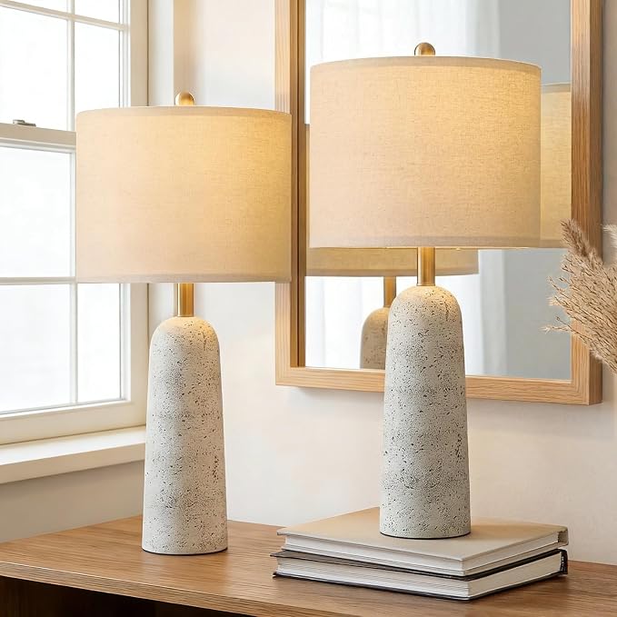 BOBOMOMO 27.25" Modern Table Lamp Set of 2, White Resin Table Lamps with Stone Look, Lamps for Living Room with Linen Shades, Bedside Lamps for Bedroom, Nightstand, Entryway