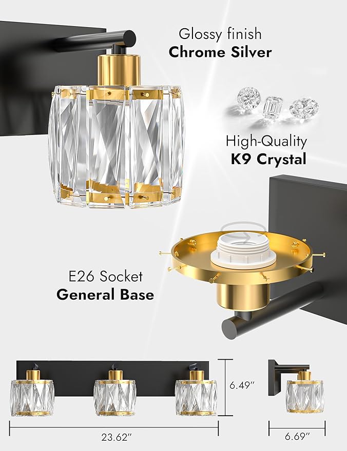 VOLISUN Crystal Vanity Lights for Bathrooms, 4 Light Bathroom Vanity Light, Black and Gold Bathroom Light Over Mirror, Modern Bathrooms Lights Fixtures-UL Certificated(Exclude Bulb)