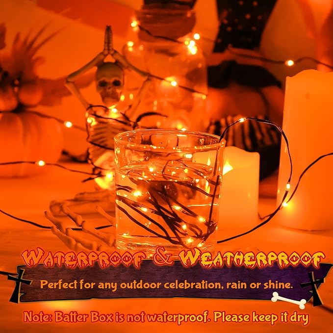 Orange Fairy Lights Battry Operated with Timer Waterproof, Halloween String Lights for Outside 16.4ft 50LED Indoor Outdoor Halloween Decorations Garland Party Patio Garden Yard Pathway 2 Packs