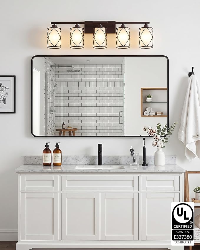 5-Light Oil Rubbed Bronze Bathroom Light Fixtures Over Mirror, 38" UL-Listed Modern Farmhouse Wall Sconce Lights with Milk White Frosted Glass and Metal Cage for Bath, E26, CH9176ORBW-5W