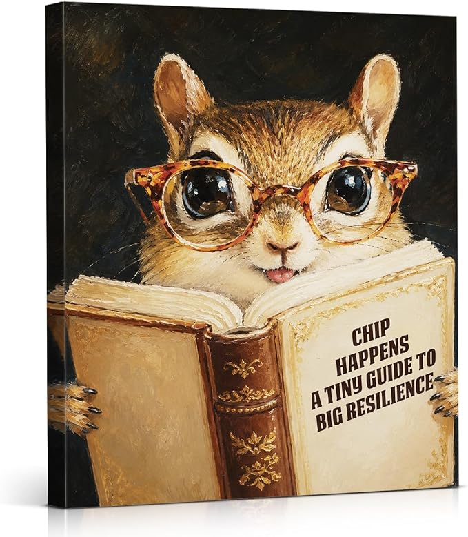 NSFBESSLIA Funny Reading Chipmunk Painting, Whimsical Vintage Animal Decor, Chip Happens, Cute Cottagecore Wall Art for Living Room Bedroom Entryway, 8x10 Inch