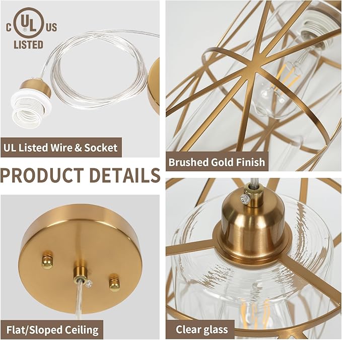 5.4"×7.9" Brushed Gold Pendant Light, Modern Kitchen Pendant Lighting Over Island, Pendant Lighting with Clear Glass Shade, Glass Pendant Lights Kitchen Island, Foyer, Dining Room, Entryway