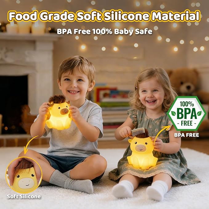 Amaredom Highland Cow Night Light, Cute Cow Lamp, Silicone Dimmable Nursery Nightlight, Rechargeable LED Bedside Lamp with 20 Minutes Timer & Tap Control Baby Girls Women Bedrooms, Living Room