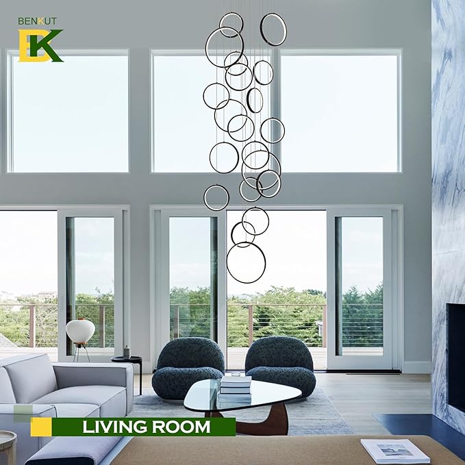 20 Ring High Ceiling Chandelier Foyer, Black Modern LED Large Staircase Long Chandeliers Light Fixture with Remote for Staircase Entryway Living Room Dining Room(118in, 3000K-6500K)
