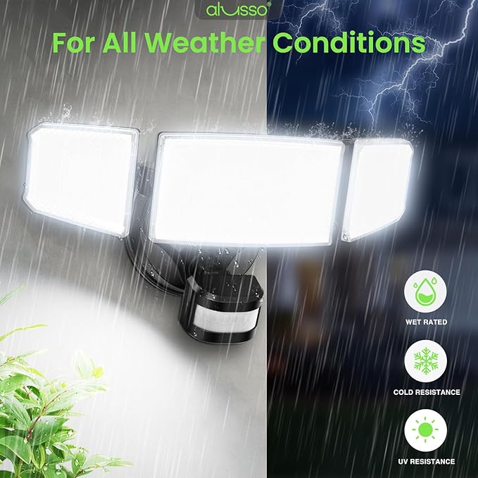 ALUSSO LED Security Lights Motion Sensor, 120V 60W 6000LM 3 Modes Flood Lights Outdoor Motion Sensor, 3CCT 3 Heads Outdoor Security Light Wet Location Use for House Garage Yard Walkway Black
