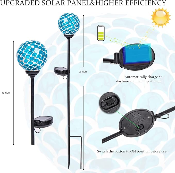 VCUTEKA Decorative Solar Garden Lights, 3.5" Mosaic Globe Outdoor Stake | Mosaic Glass Globe Design, Solar LED Light, Waterproof Design, Auto On/Off and Metal Stake Design for Lawn and Patio