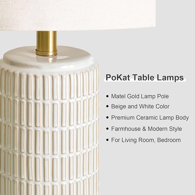 PoKat Ceramic Table Lamps Set of 2 for Bedroom Living Room, 21.5'' White | Bedside Lamps for Nightstands, Compact Size, Modern Design with Gold Base, Farmhouse Home Decor for Living Room End Table