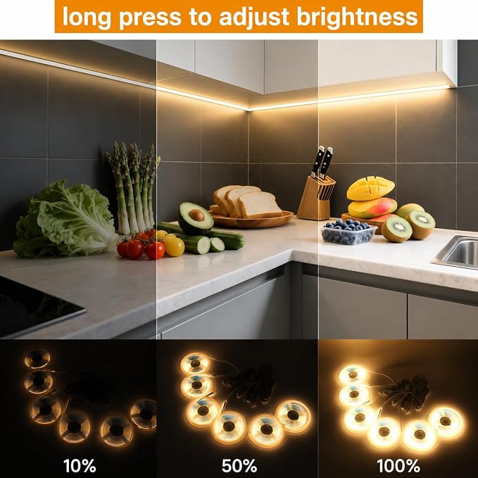 COB LED Strip Lights, 12V Cabinet Light 6Pcs 3.3FT, Warm Cuttable DIY LED Strip with Hide Touch and Hand Sweep Dimmer Switch Kit for Cabinet Showcase Kitchen Acoustic Panel Decoration Shelf Lighting