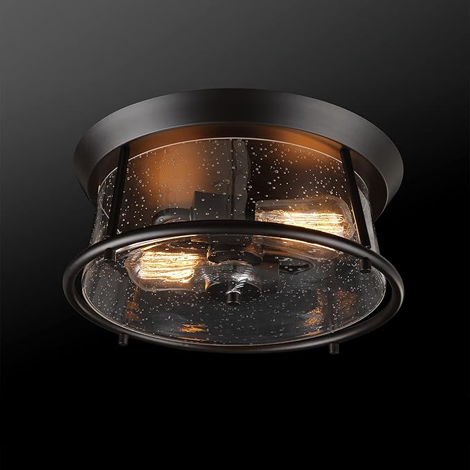 Globe Electric 60347 2-Light Flush Mount Ceiling Light, Bulbs Included, Dark Bronze, Seeded Glass Shade, Bedroom Lighting Fixtures Ceiling, Dining Room Fixture, Lighting for Hallway