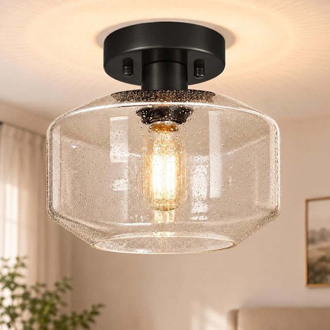 DSMJFU Black Semi Flush Mount Ceiling Light, Vintage Small Ceiling Light Fixture, Hallway Lighting Fixture with Bubble Glass, Kitchen Ceiling Mount Light for Entry Way, Bedroom, Bathroom