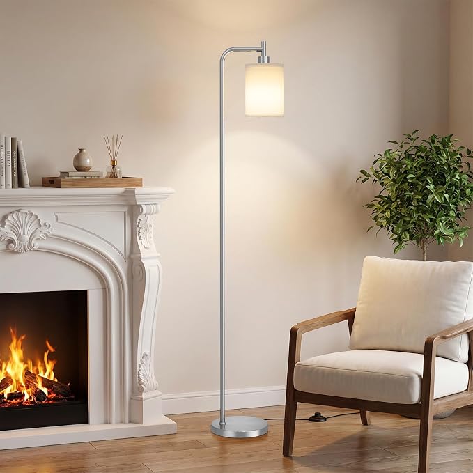 Ziisee 64" Floor Lamp for Living Room with Remote Control, White Shade with Brushed Nickel Pole, Dimmable Tall Lamps for Bedroom Office Corner, 9W LED Bulb Included