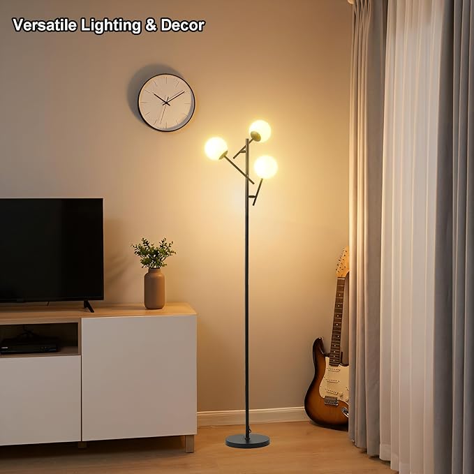 Fiqevs 3 Globe Floor Lamp for Living Room, Swing Arms Standing Tree Lamp | 3000K Warm White Light, 3 LED Bulbs Included, Adjustable Orb Glass Shade Mid Modern Lamp for Bedroom/Office, Matt Black
