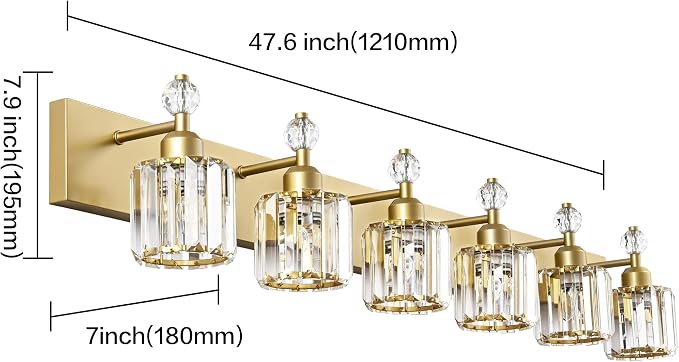 PRESDE Crystal 6 Light Bathroom Vanity Lights Gold Vanity Light for Bathroom Over Mirror Modern Wall Sconce