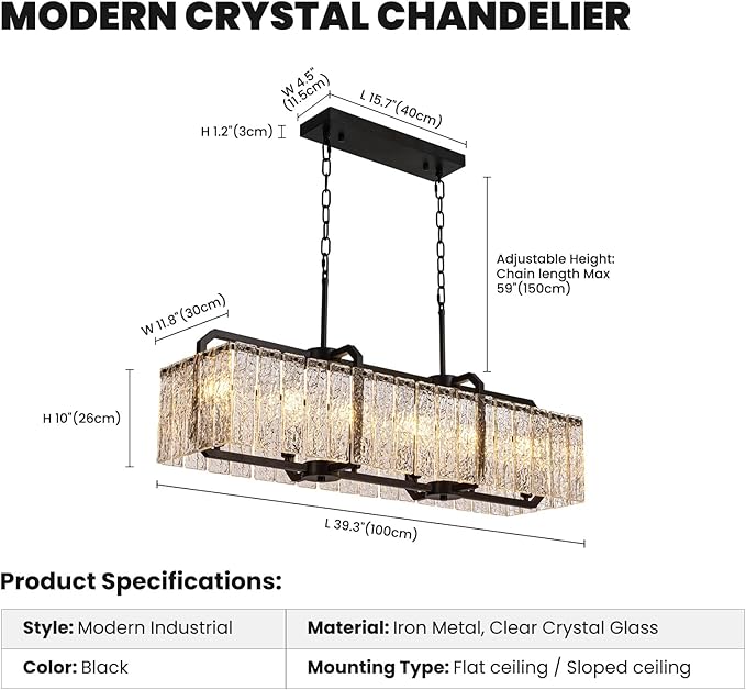 CROSSIO Modern Rectangle Black Crystal Chandeliers for Dining Room, L40 Rectangular Water Ripple Glass Pendant Light Fixture, Linear Farmhouse Lighting for Kitchen Island, Living Room, 6 Lights