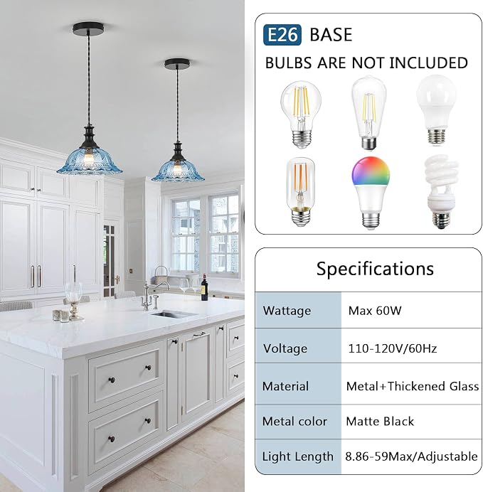 HDDFL Glass Pendant Lights Modern Pendant Lighting Fixtures Hanging Lamp for Kitchen Island Bedroom Dining Room Coffee Shop Hallway Blue and Black 2 Pack