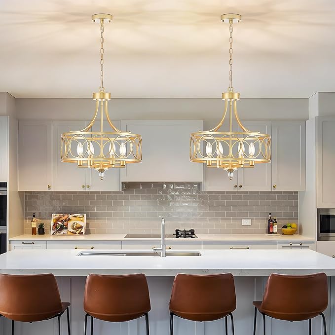 6-Light Gold Chandelier,17.5in Farmhouse Lantern Pendant Light Fixture,Adjustable Hanging Ceiling Lighting with E12 Socket,for Kitchen Island,Bedroom,Entryway,Dining Room