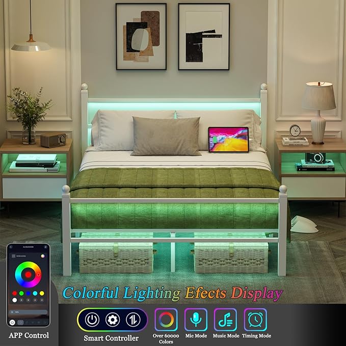 Jenmit Full Size Bed Frame with Charging Station & LED Lights,Full Metal Platform Bed Frame with Headboard and Footboard, Storage Space Under Bed,No Box Spring Needed,Noise Free, Easy Assembly, White
