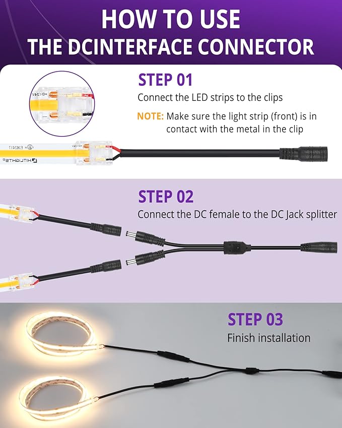 HitLights LED Strip Connector 2Pin 10mm Connector Kit Include Gapless Connector, Jumper Connectors, Pigtail Connector, DC Female and Connector, DC Jack Splitter for COB/2835 Single Color LED Strips