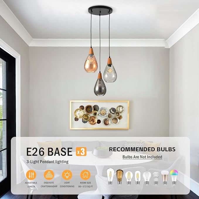 Modern Glass Pendant Light Fixtures, 3 Lights Hammered Glass Pendant Lights, Vintage Cluster Pendant Light in Matte Black Finish, Hanging Lamp for Dining Room Kitchen Sink Foyer Cafe Bar