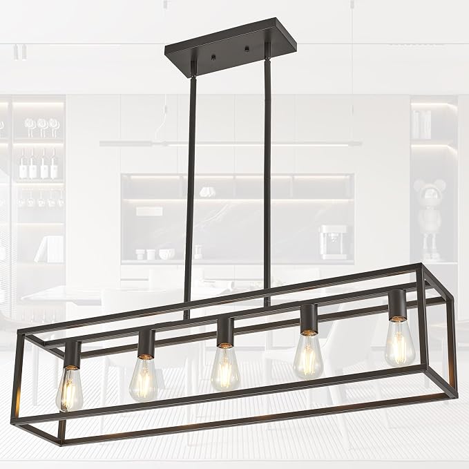 Kitchen Light Fixtures Farmhouse Rectangle Chandeliers Dining Room Light for Dining Rooms, Light Fixture Matte Oil Rubbed Bronze 5-Light Industrial Pendant Lighting