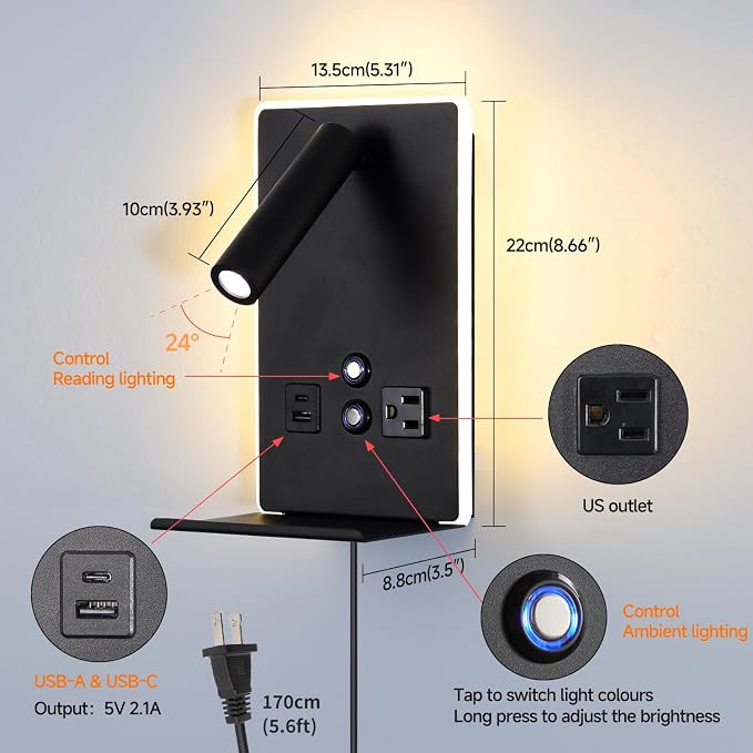 Wall Mounted Reading Light with Shelf - 3 Color Dimmable LED, 360° Adjustable Wall Lamp for Bedroom/Study, Touch Control (Black)
