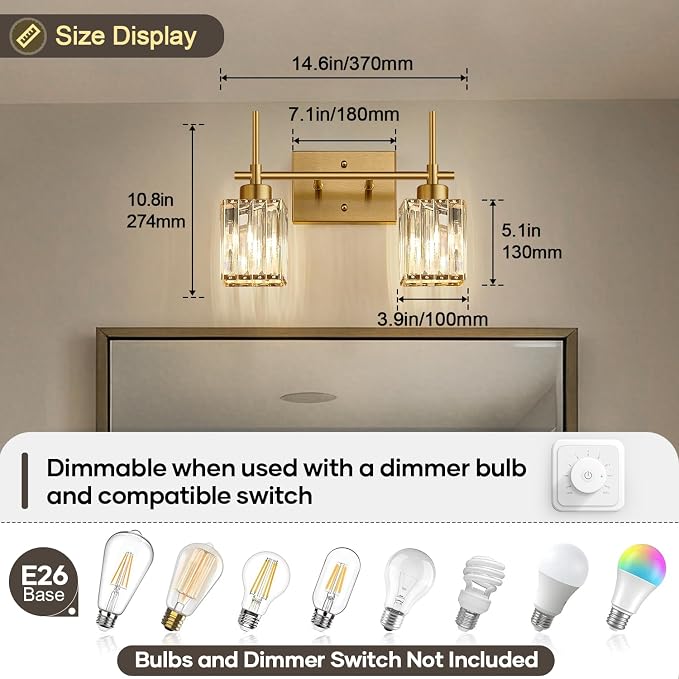 Torondo Modern Crystal Bathroom Vanity Light 2-Lights Brushed Gold Bathroom Light Fixtures Over Mirror Brushed Gold Vanity Lighting Fixtures Square Shade Wall Sconce (Bulbs Not Include)