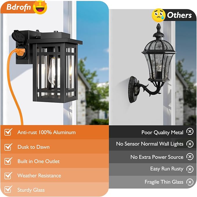 2-Pack Outdoor Porch Lights with Outlet,Dusk to Dawn Motion Modern Outdoor Wall Lights Exterior Lighting Fixtures Waterproof, Black Outside Light for House Patio Garage Hallway