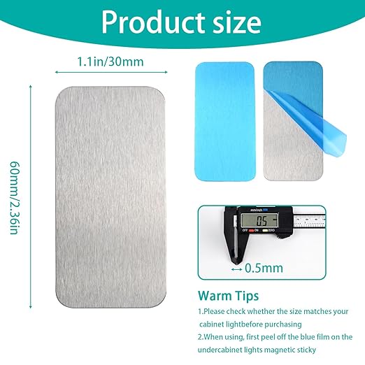 16pcs Under Cabinet Light Magnetic Strip, Adhesive Metal Plates for Magnets, Magnetic Strips with Adhesive Backing for Kitchen Stairs Closet and Bedroom (Not Magnets)