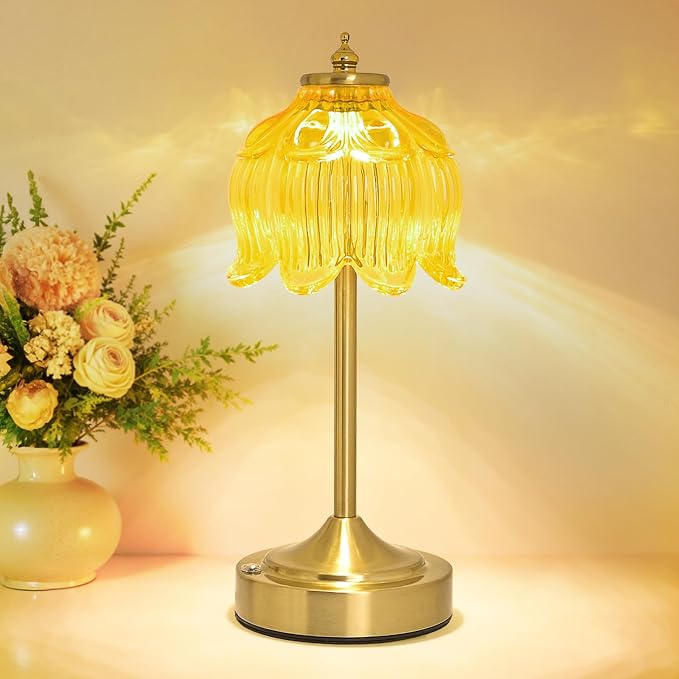 Cordless Table Lamp, Rechargeable Honey Gold Glass Lotus Flower Lamp | 5200mAh touch lamp with 3 color modes and stepless dimming, battery operated lamp for nightstands and kitchen counters